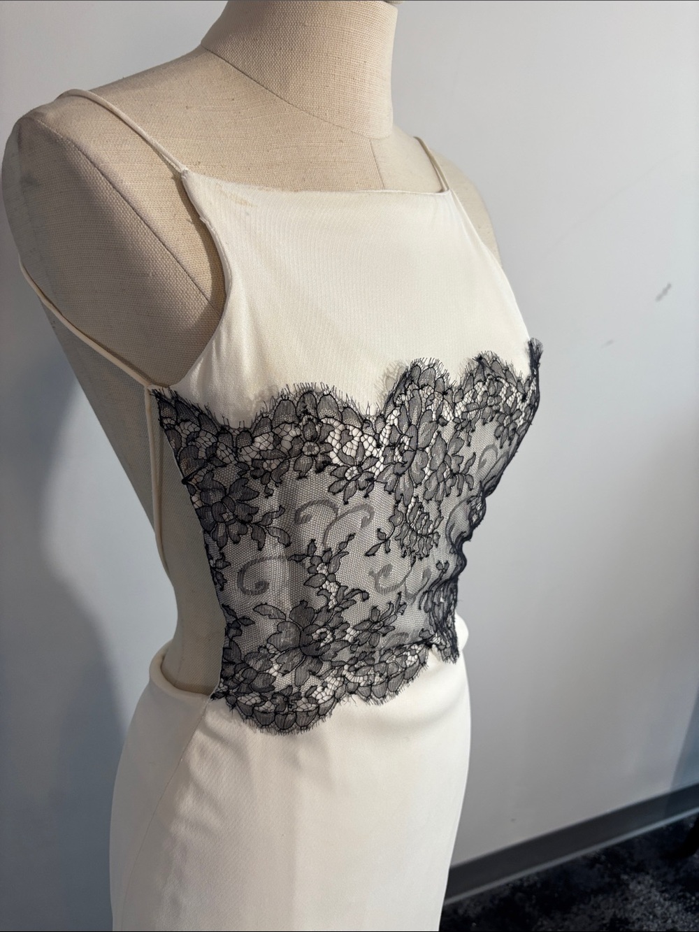 Cream Slip Dress with Black Floral Lace Bodice